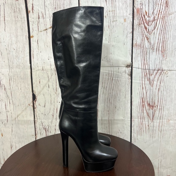 GUCCI LEATHER KNEE HIGH BOOTS 5.75” sky high heels & 1.75” platforms size 37.5 - Picture 1 of 16